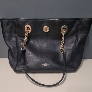 Coach Black Leather Tote with Gold Chain Handles